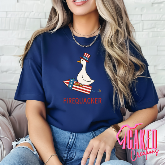 Firequacker Tee – Patriotic Goose on a Rocket