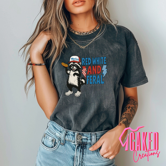Red, White & Feral Tee – Patriotic Raccoon Chaos Shirt