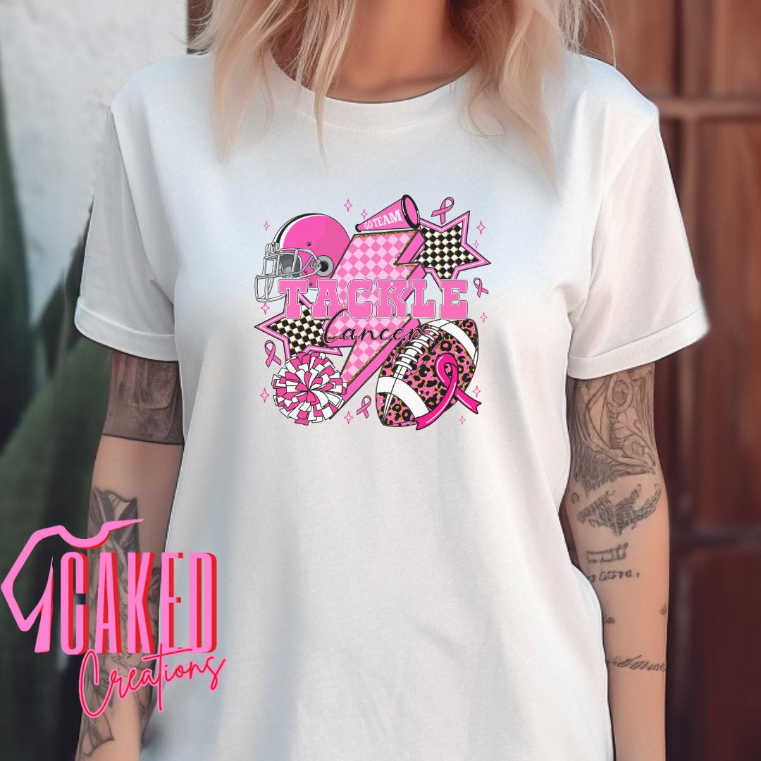 Tackle Cancer Tee – Pink Football & Stars Awareness Shirt