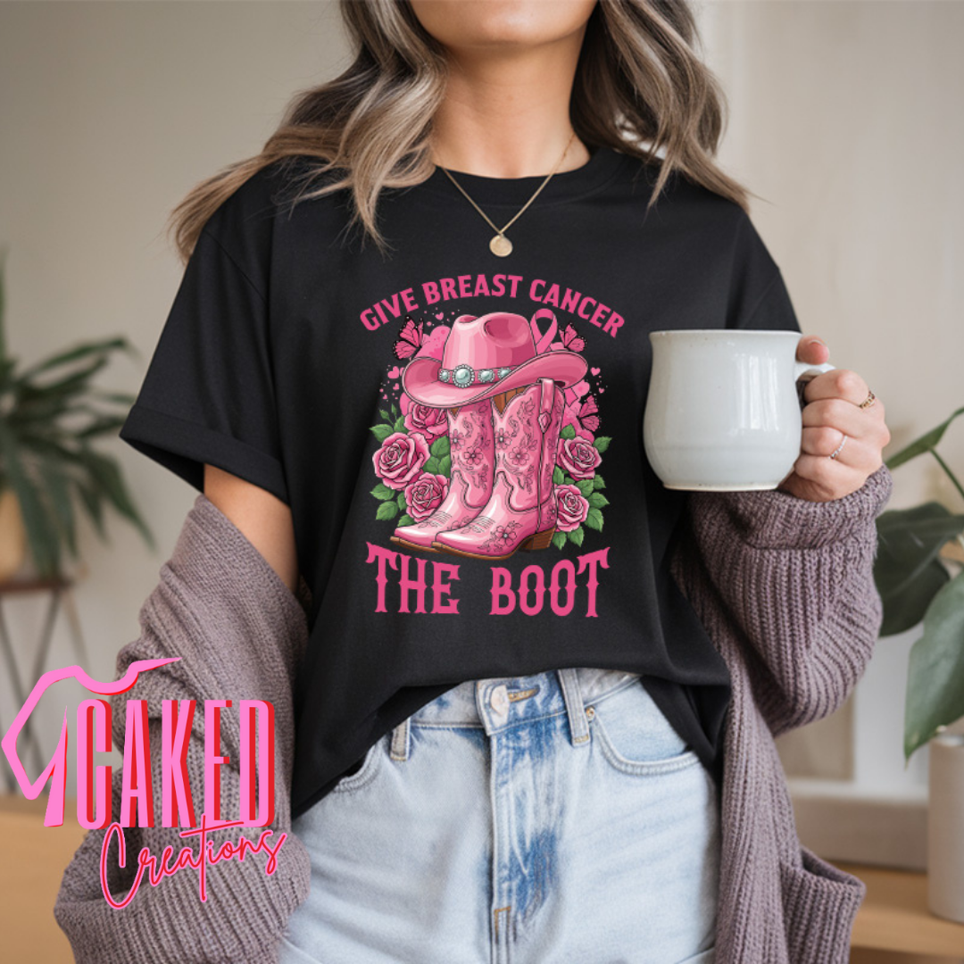 Give Breast Cancer the Boot Tee – Pink Cowgirl Boots Awareness Shirt