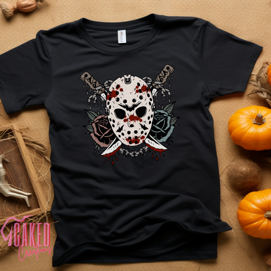 Horror Mask & Roses Graphic Tee – Spooky Season Style