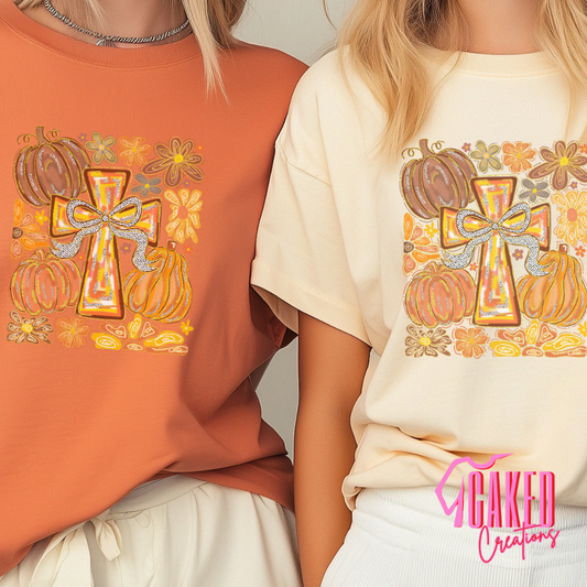 Fall Cross & Pumpkins Tee – Faith & Harvest Graphic Shirt