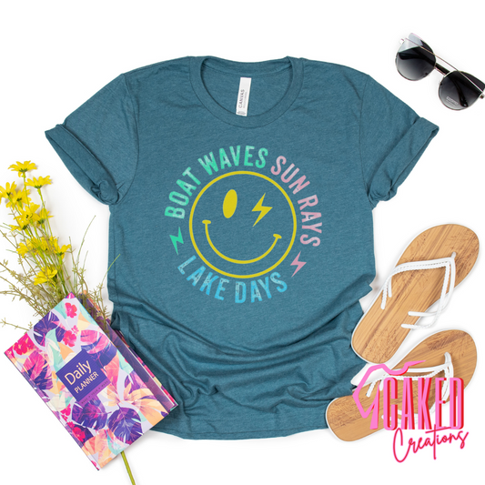 Boat Waves Sun Rays Lake Days Tee – Retro Summer Smile Shirt